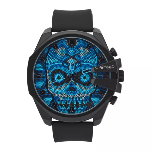 ED HARDY Oversized Skull Beaded Dial Wristwatch Blue Black Silicone Strap Watch - Picture 1 of 7